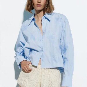 NWT Zara Light Blue Cropped Sequin Shirt | Small